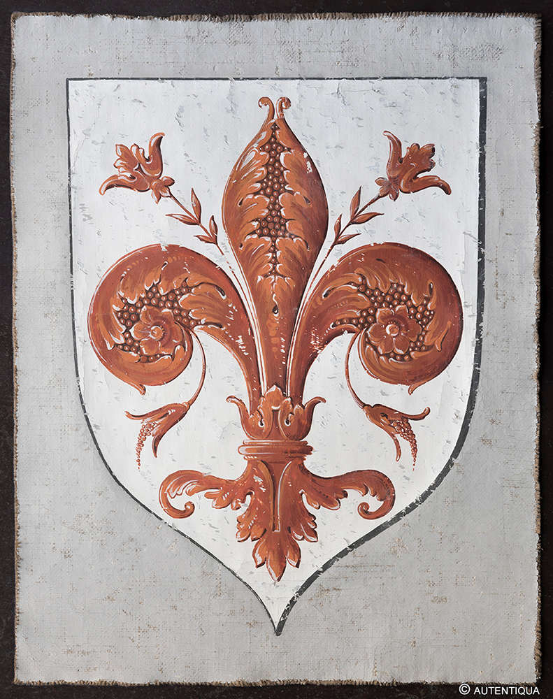 Giglio di Firenze dipinto su tela, con scudo dei Guelfi 